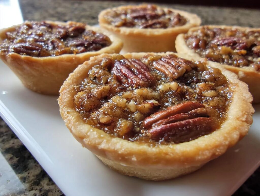 Close-up of mini pecan pies, a perfect addition to Thanksgiving Desserts for Busy Weeknights.