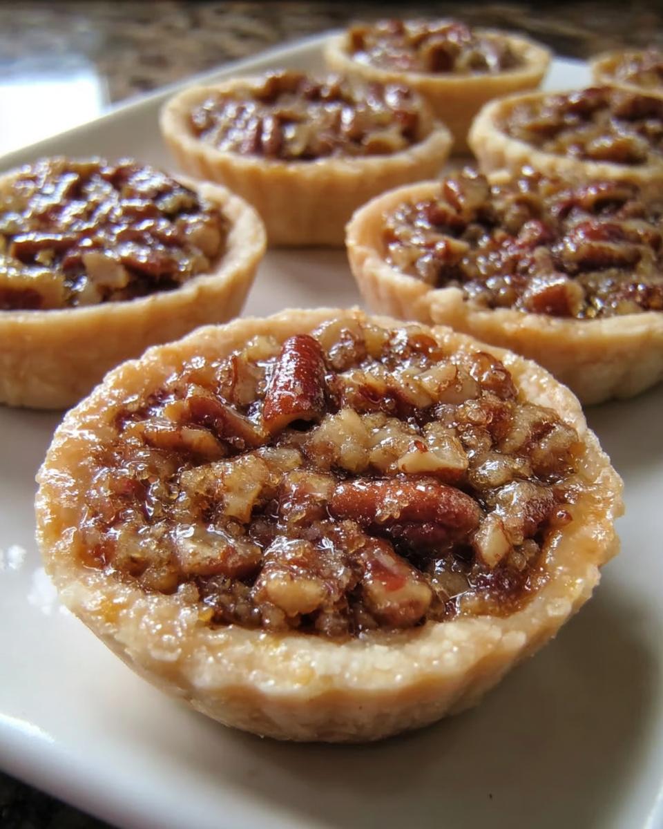 Close-up of mini pecan pies, a perfect addition to Thanksgiving desserts, with a flaky crust and rich pecan filling.