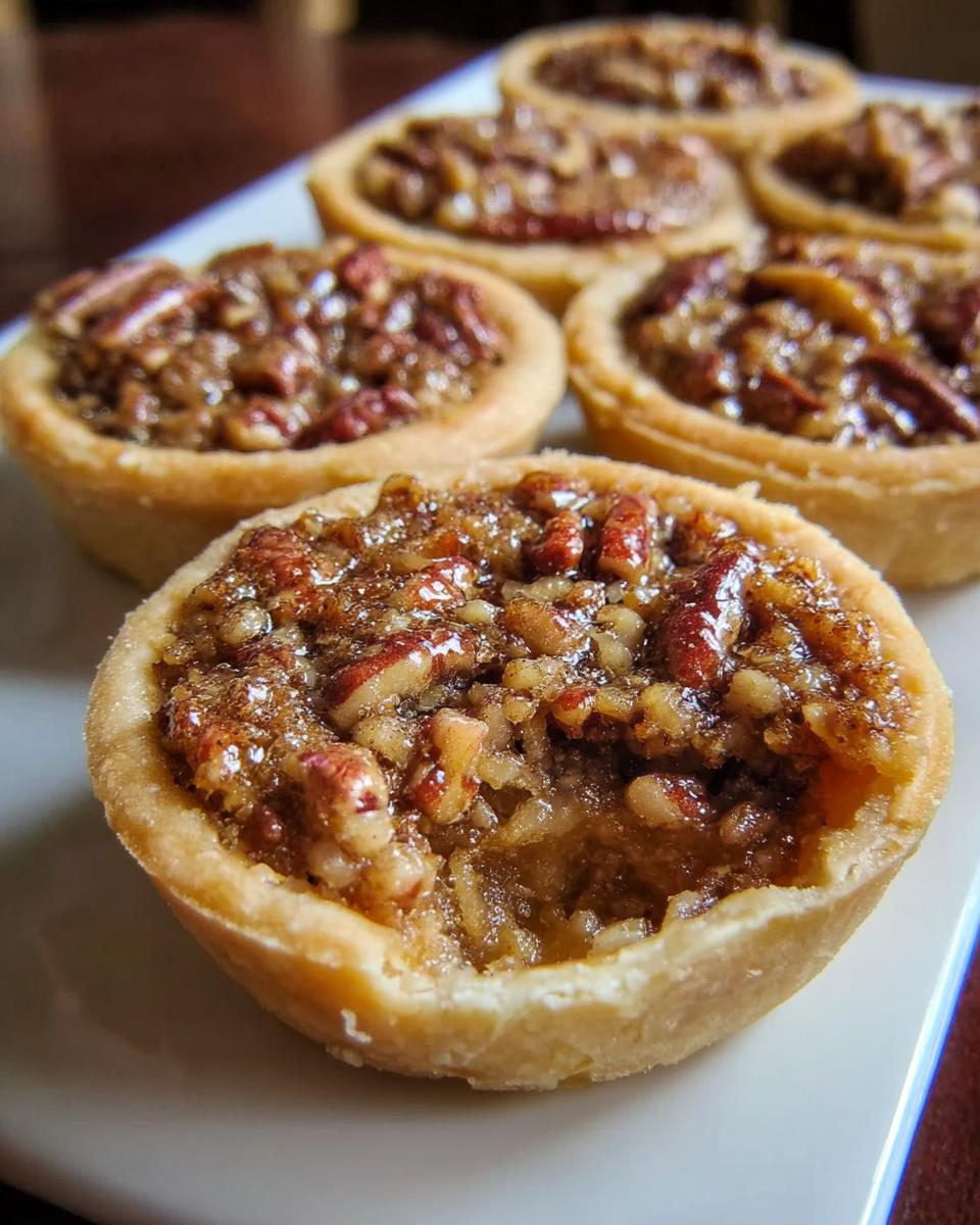 Close-up of mini pecan pies, perfect for Thanksgiving Desserts, with a flaky crust and gooey pecan filling.