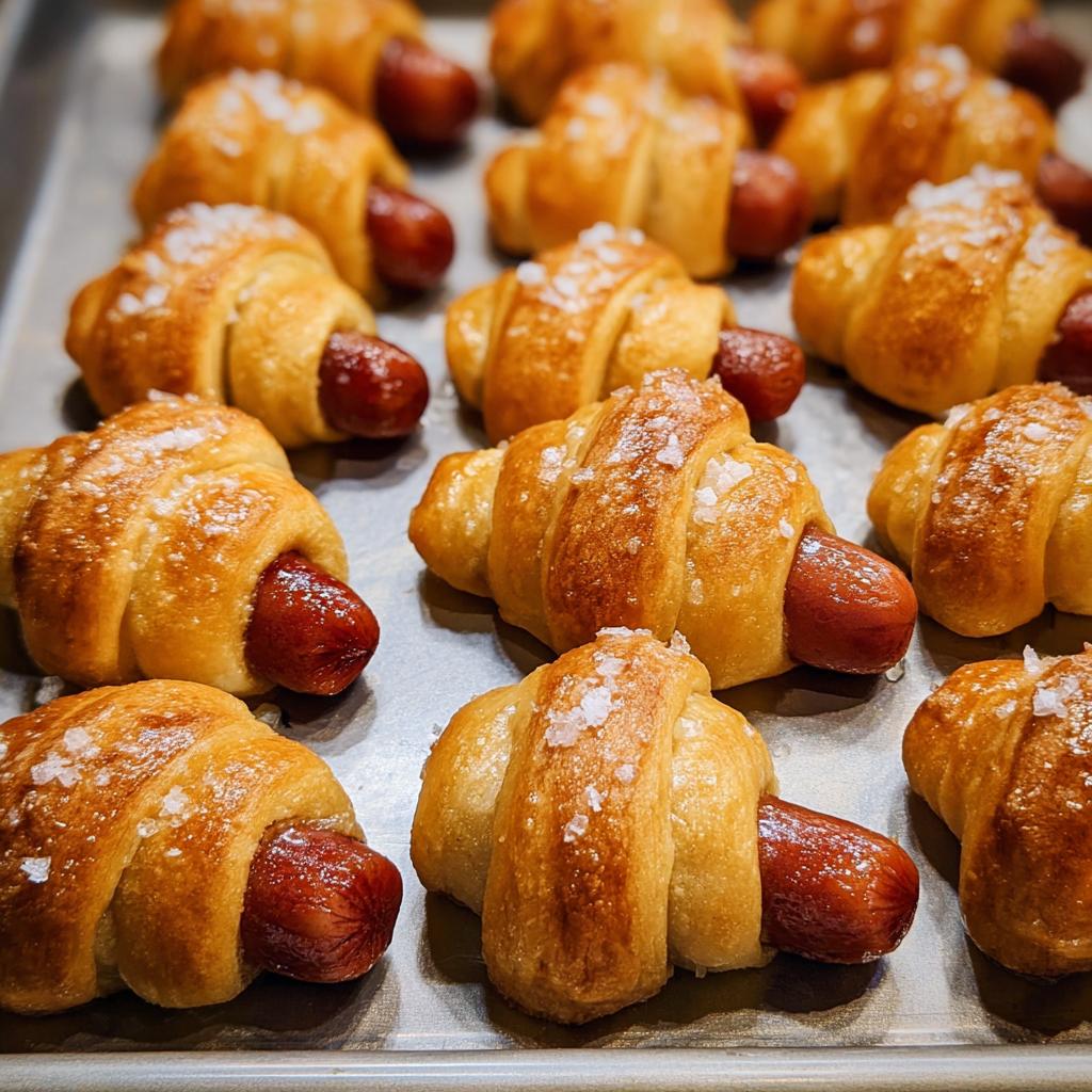 Close-up of freshly baked Mini Pigs in a Blanket sprinkled with coarse sea salt on a baking sheet.