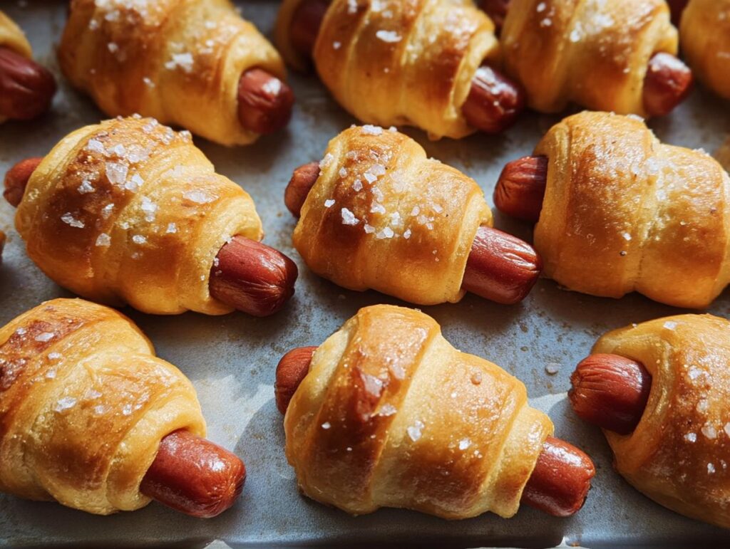 Close-up of freshly baked Mini Pigs in a Blanket sprinkled with coarse sea salt on a baking sheet.