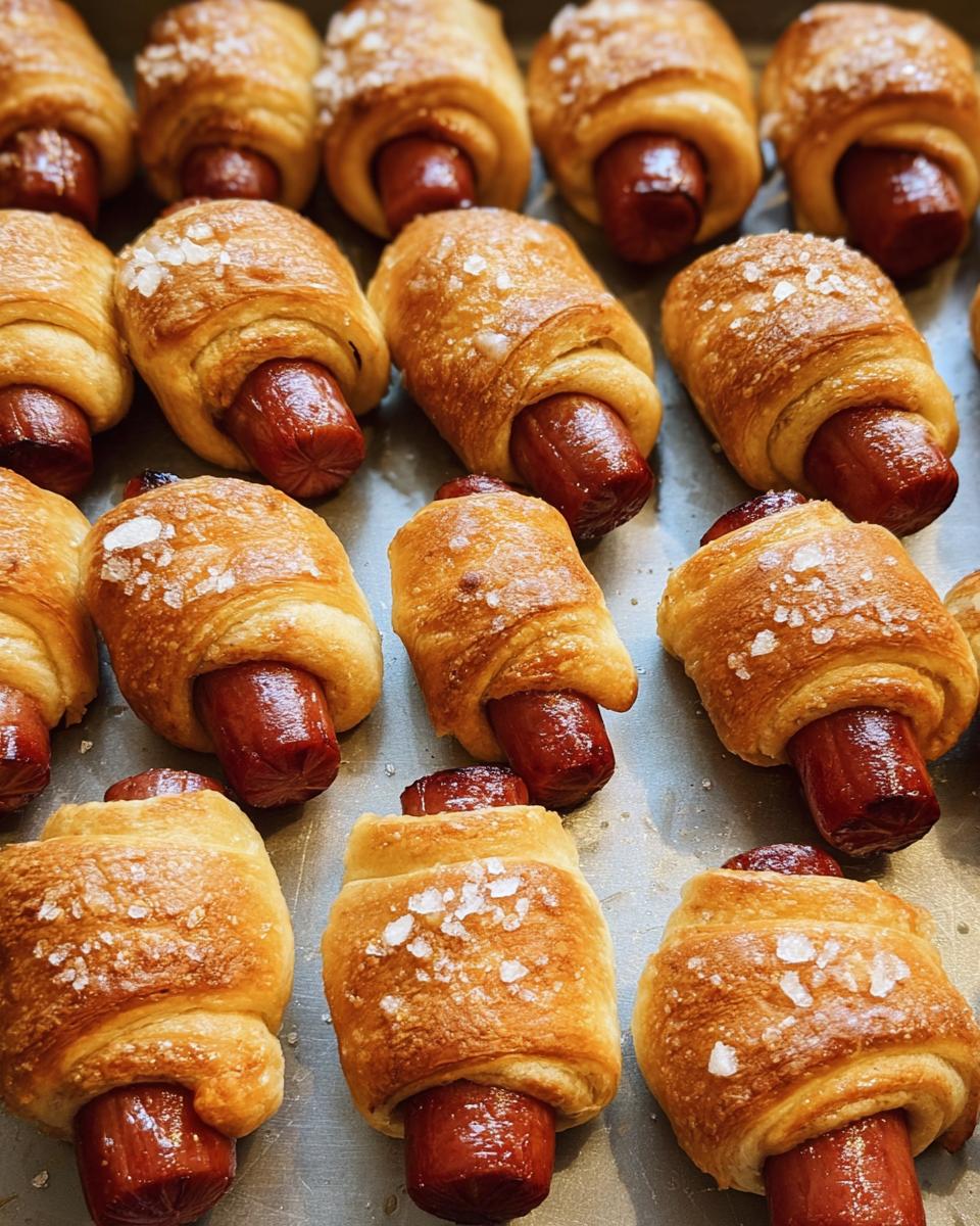 A tray of golden brown Mini Pigs in a Blanket sprinkled with coarse sea salt, ready to serve.