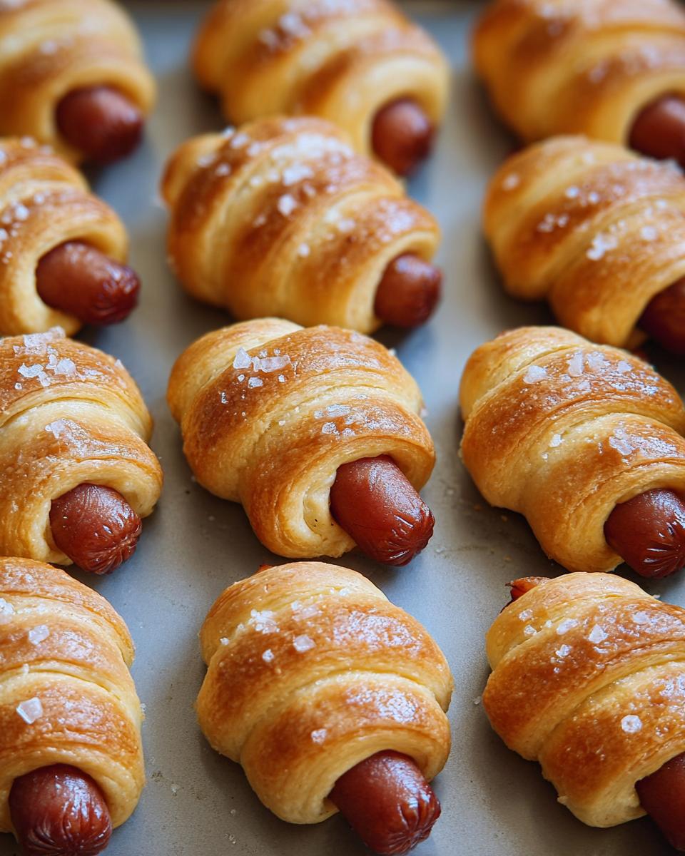 A close-up view of freshly baked Mini Pigs in a Blanket sprinkled with coarse sea salt on a baking sheet.