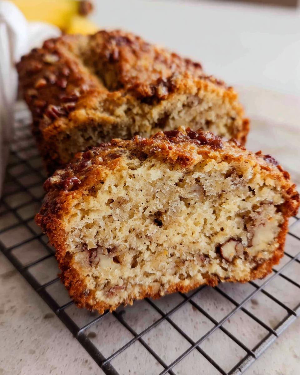 Close-up of a sliced Banana Bread Minis loaf showing a moist crumb texture and chopped nuts inside.