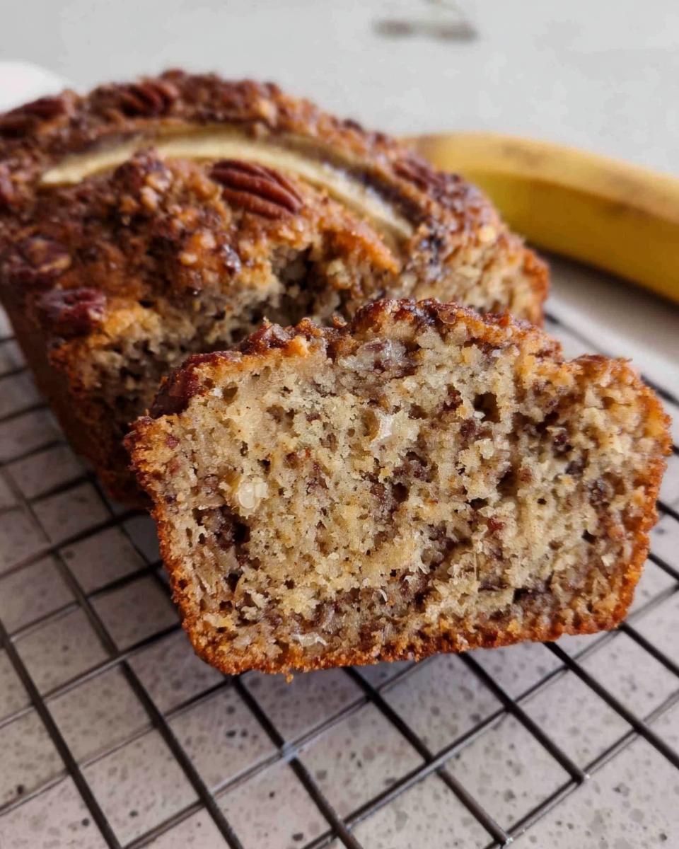 Close-up of a slice of moist Banana Bread Minis showing the crumb texture, topped with pecans.