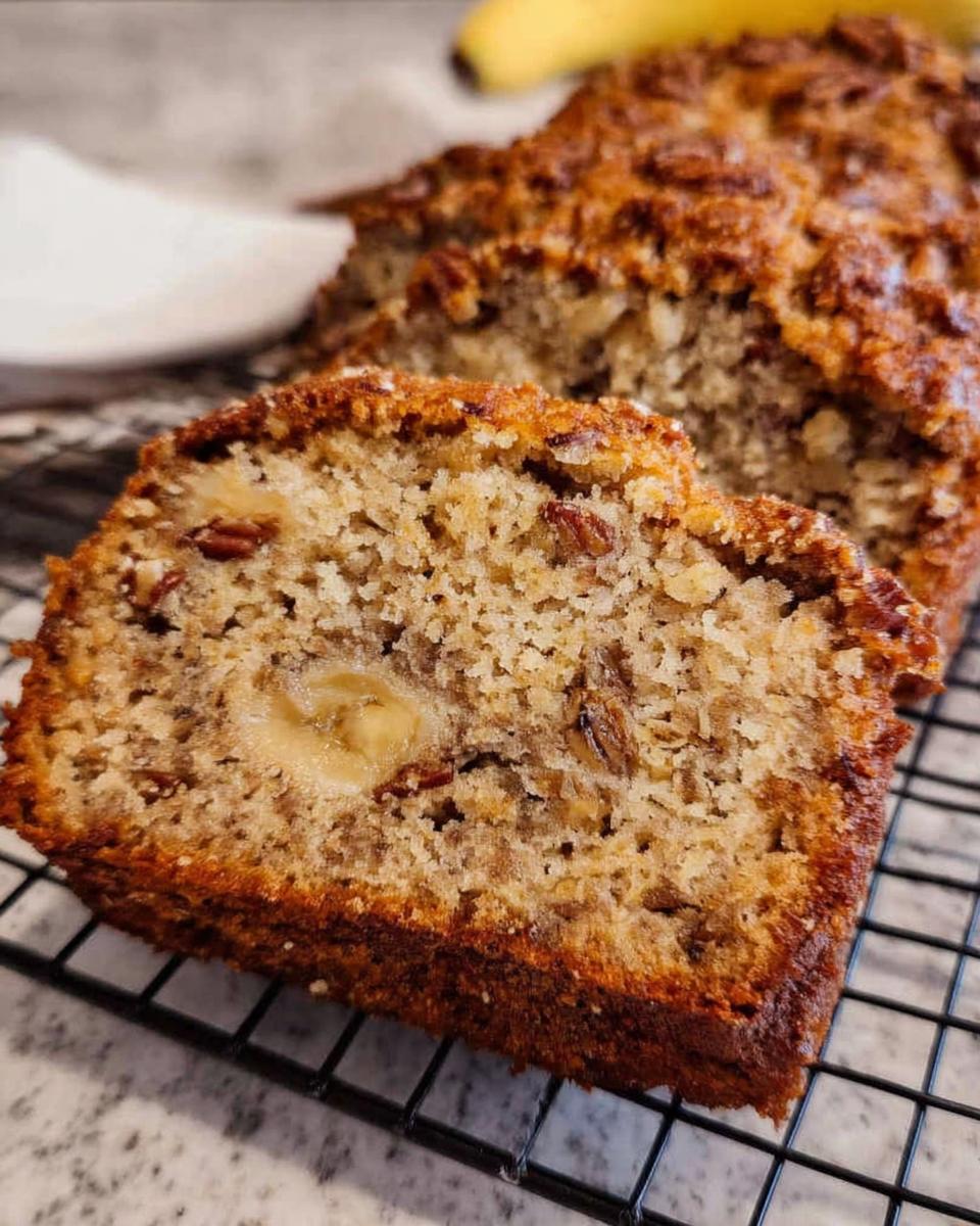 Close-up of a moist slice of Banana Bread Minis showing banana chunks and pecans inside, resting on a cooling rack.