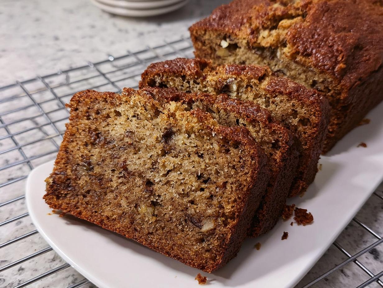 Close-up of moist banana bread recipe slices on a white plate, showing texture and nuts.