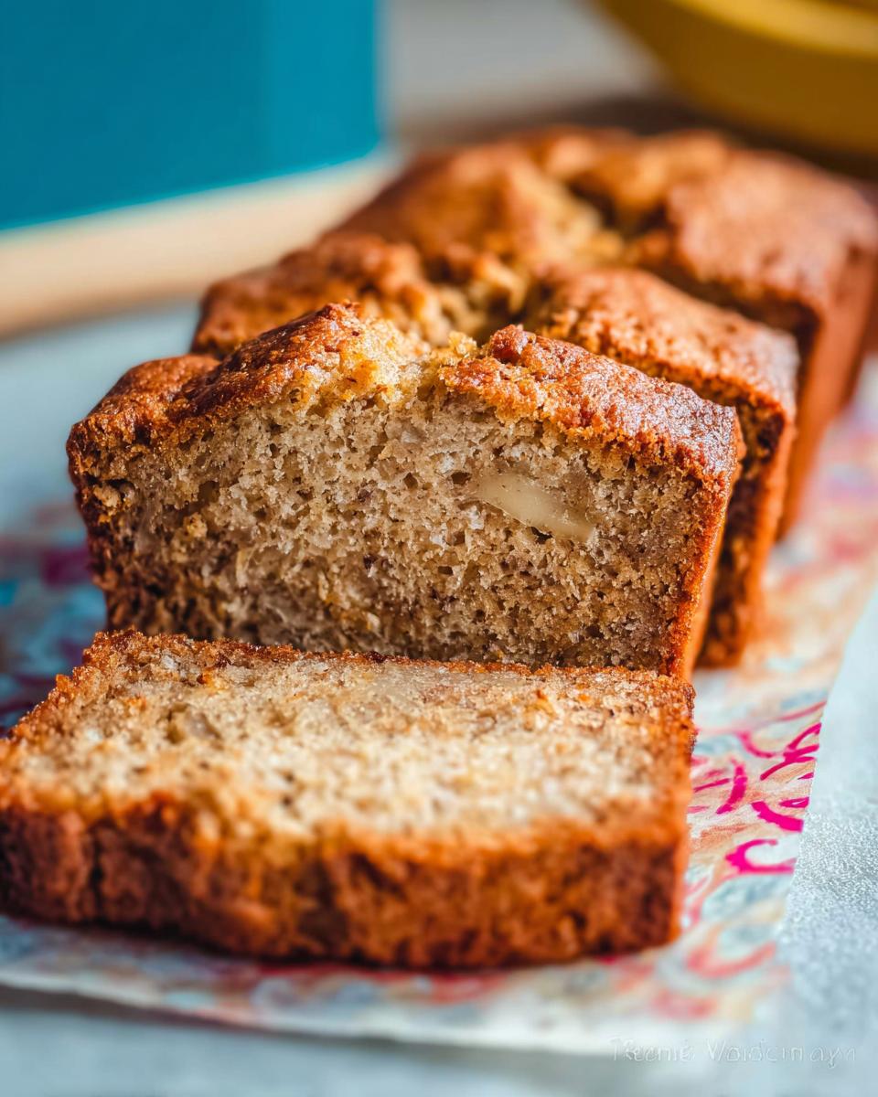 Close-up of moist slices of Banana Bread with Sour Cream, showing a tender crumb and golden crust.