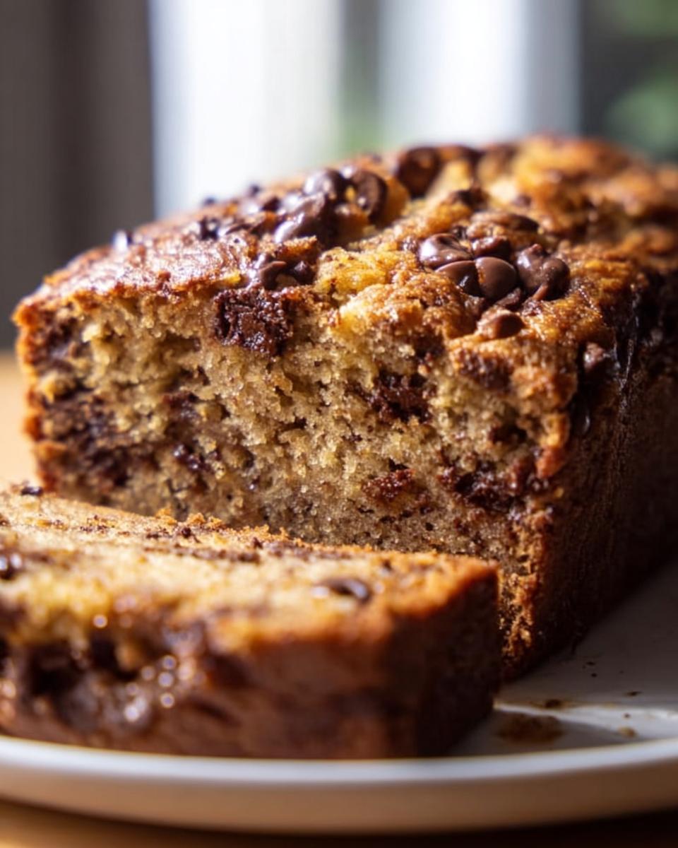 Close-up of moist Chocolate Chip Banana Bread with a slice cut and resting beside the loaf.