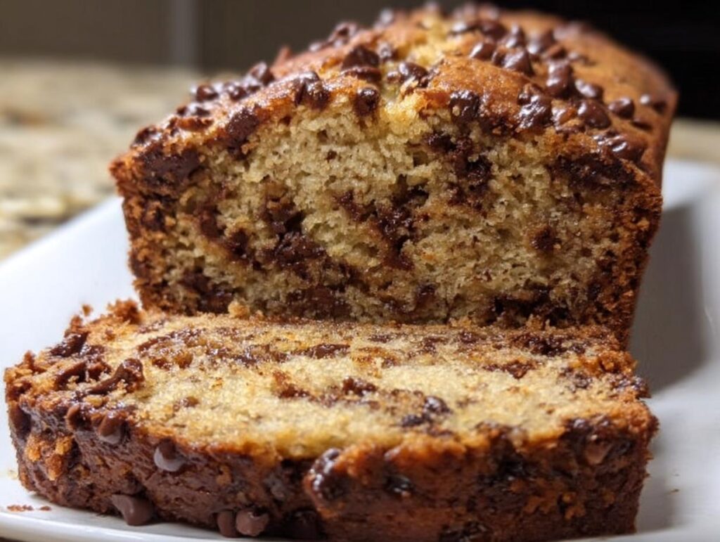 Close-up of a sliced loaf of moist Chocolate Chip Banana Bread, showing melted chocolate chips throughout the crumb.