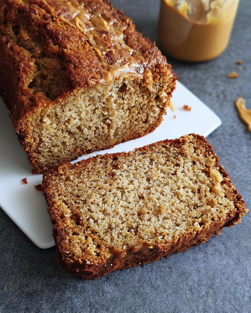 A loaf of moist Peanut Butter Banana Bread, sliced to show the texture, drizzled with melted peanut butter.