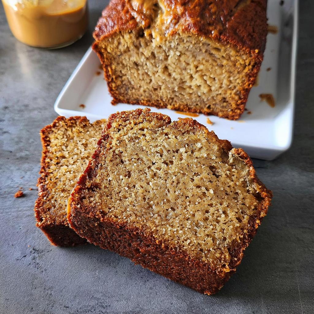 Two thick slices of moist Peanut Butter Banana Bread leaning against the main loaf on a grey surface.