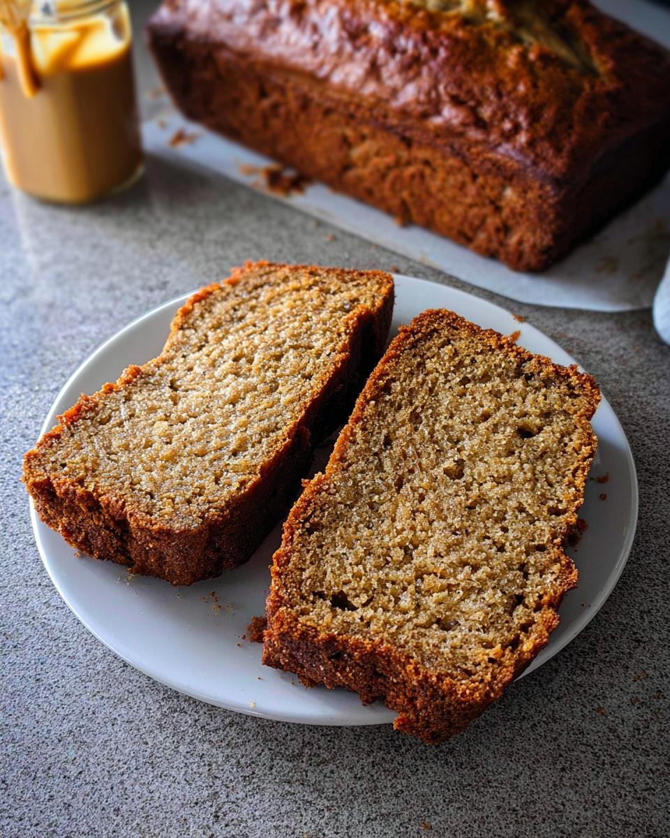 Two thick slices of moist Peanut Butter Banana Bread served on a white plate, with the loaf and peanut butter visible in the background.