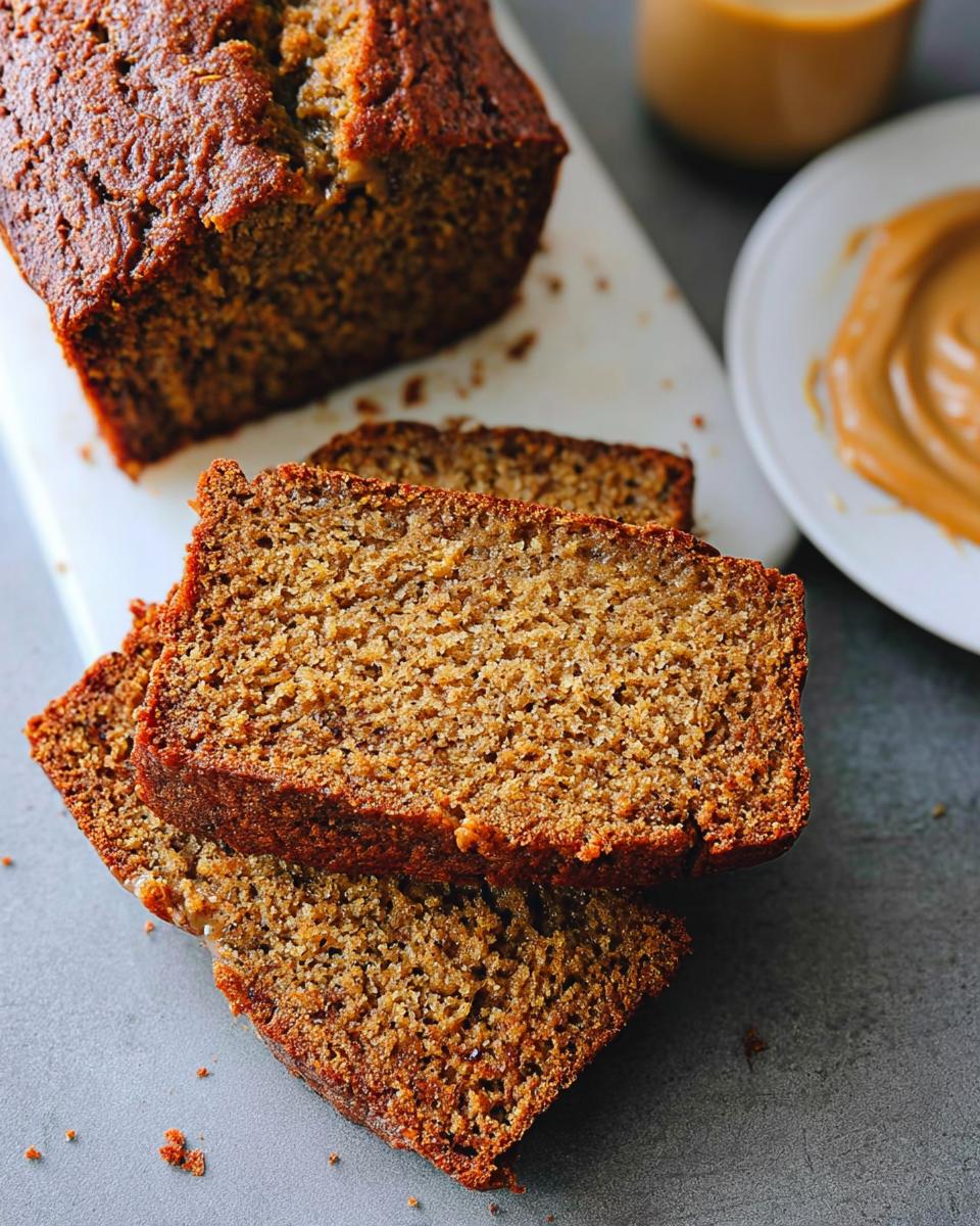 Close-up of moist slices of Peanut Butter Banana Bread stacked, with the loaf and peanut butter visible in the background.
