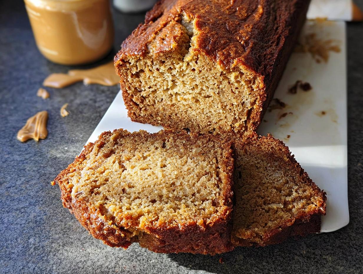 A loaf of freshly baked Peanut Butter Banana Bread sliced on a white board with peanut butter drizzle nearby.