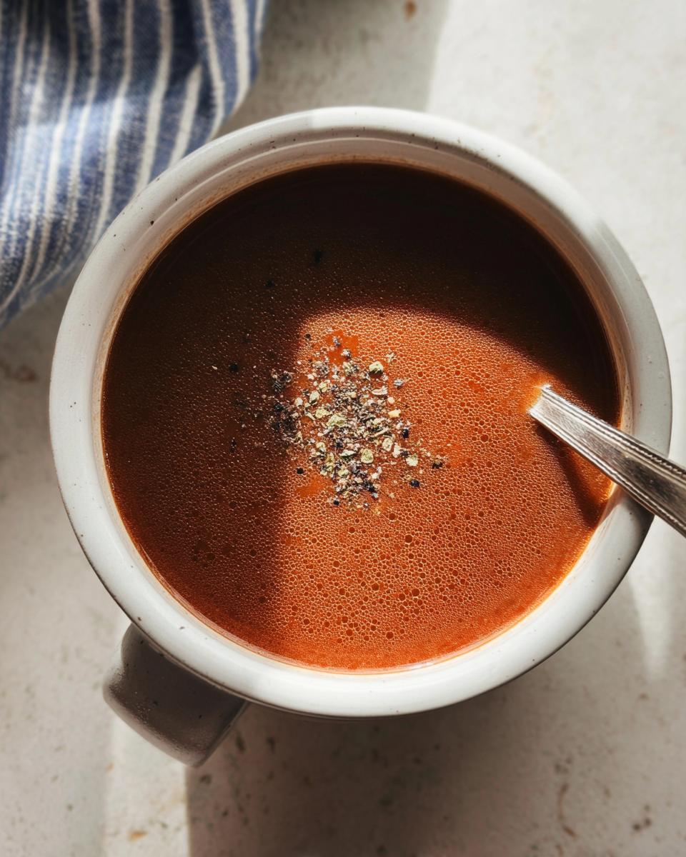 Overhead view of a mug filled with rich brown liquid, likely au jus, topped with dried herbs and pepper, ready to taste.