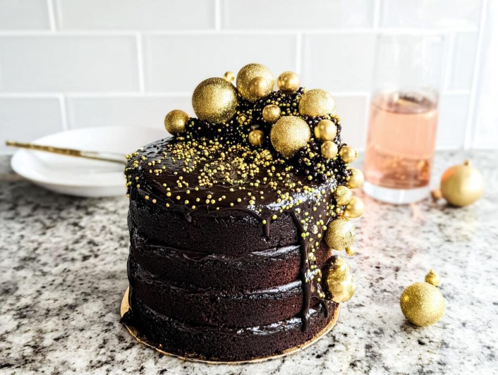 A decadent, multi-layered dark chocolate cake decorated with gold sprinkles and edible gold baubles, perfect for New Year’s Eve cakes.