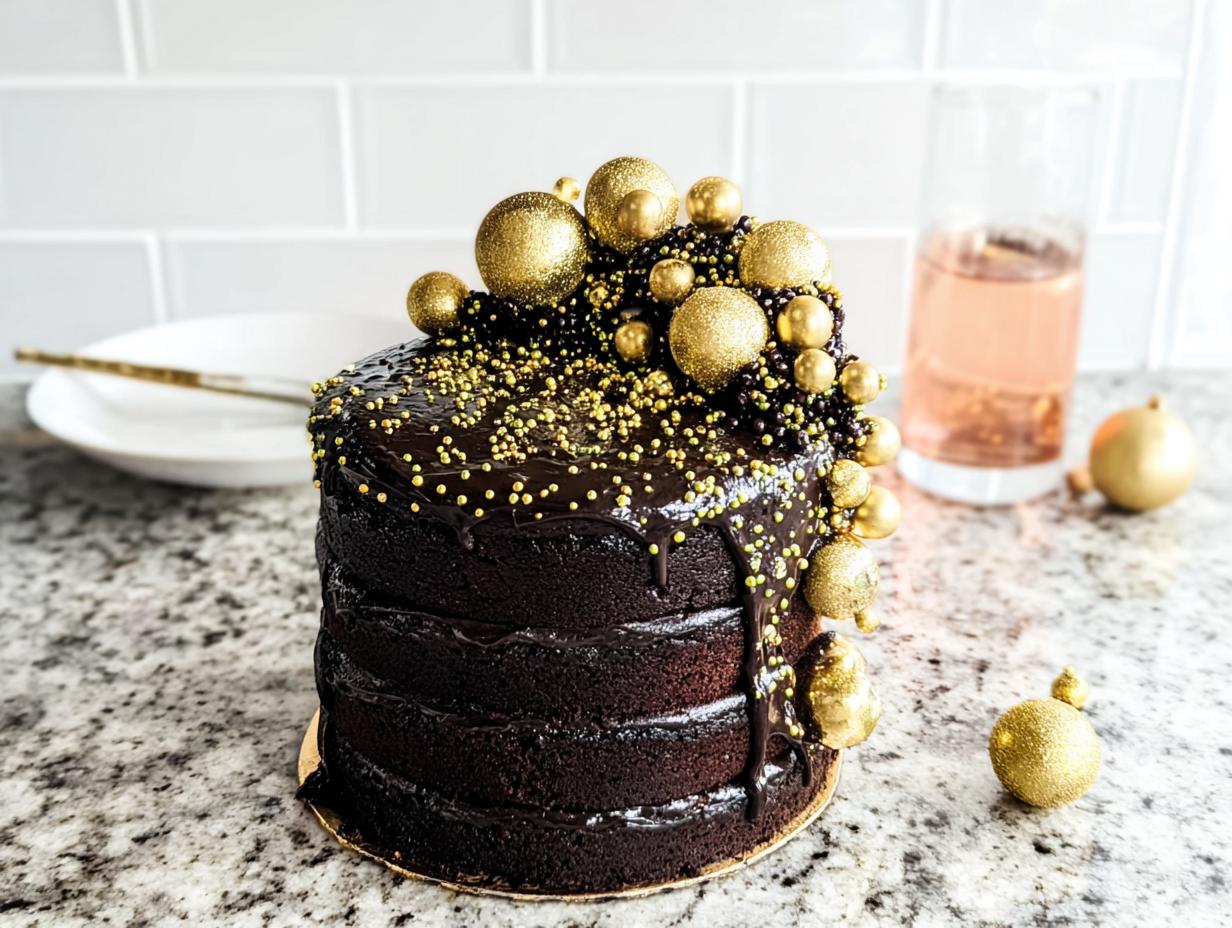 A decadent, multi-layered dark chocolate cake decorated with gold sprinkles and edible gold baubles, perfect for New Year’s Eve cakes.