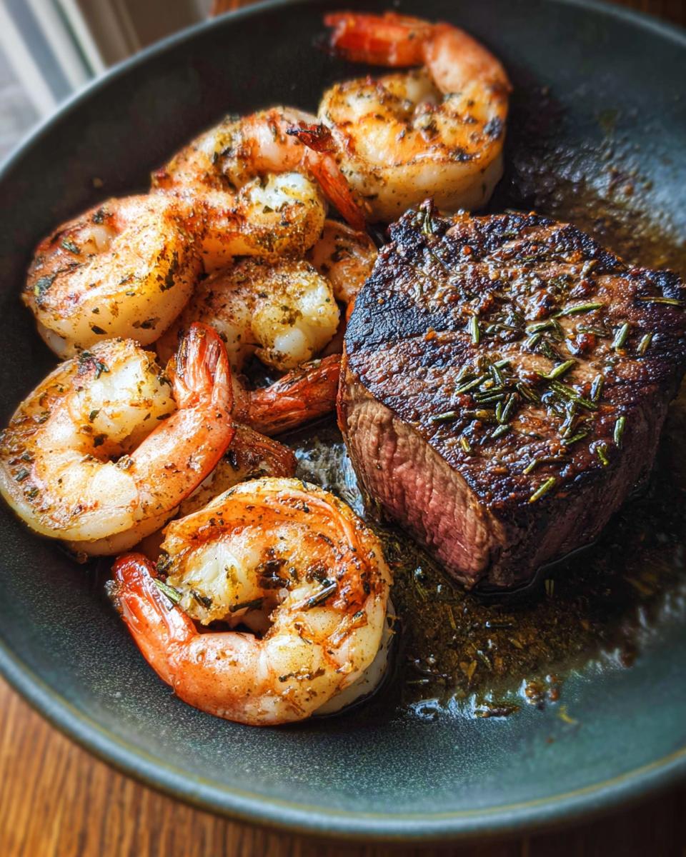 A perfectly cooked steak and seasoned shrimp served together as NYE Surf and Turf in a dark bowl.