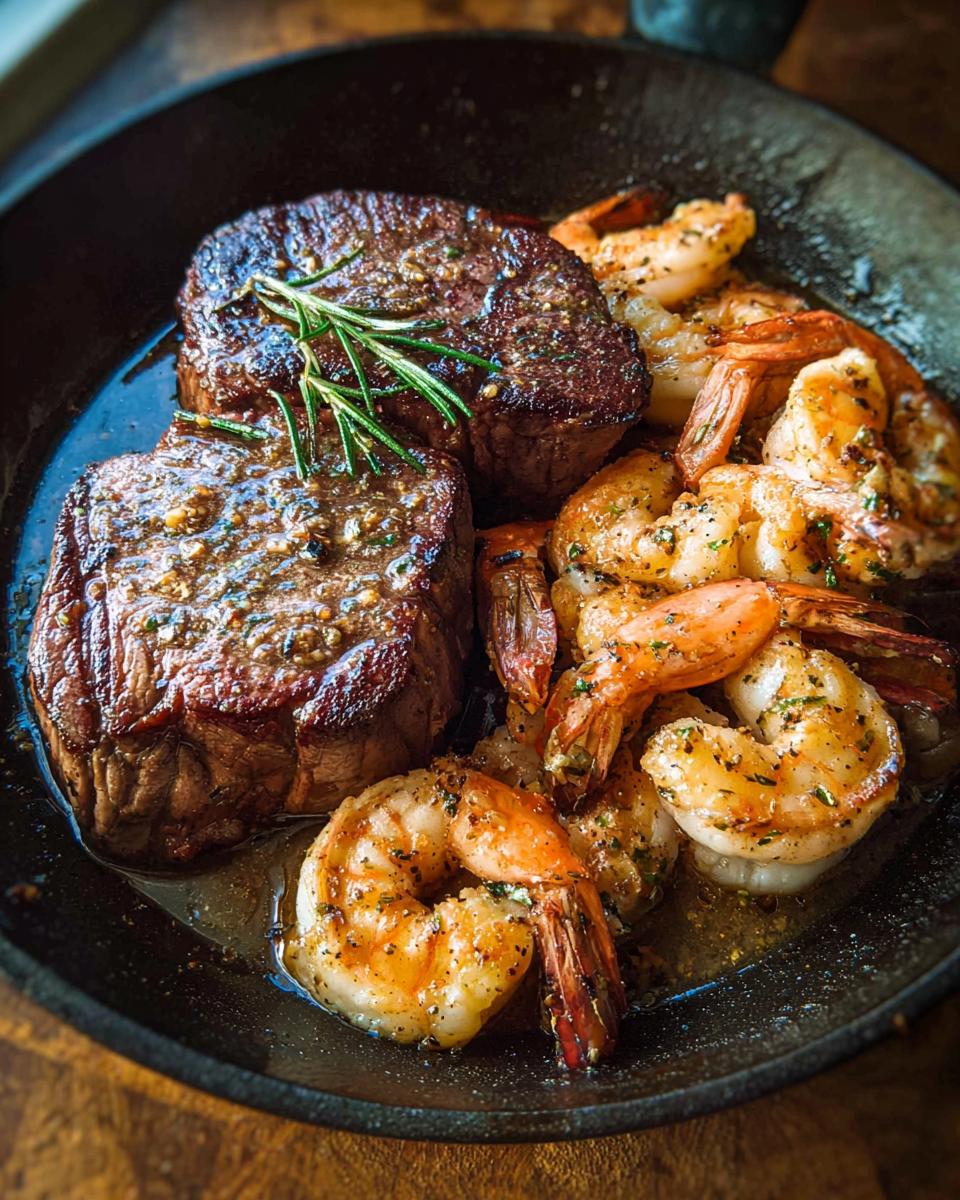 Two seared filet mignon steaks and seasoned shrimp served together in a cast iron pan for NYE Surf and Turf.
