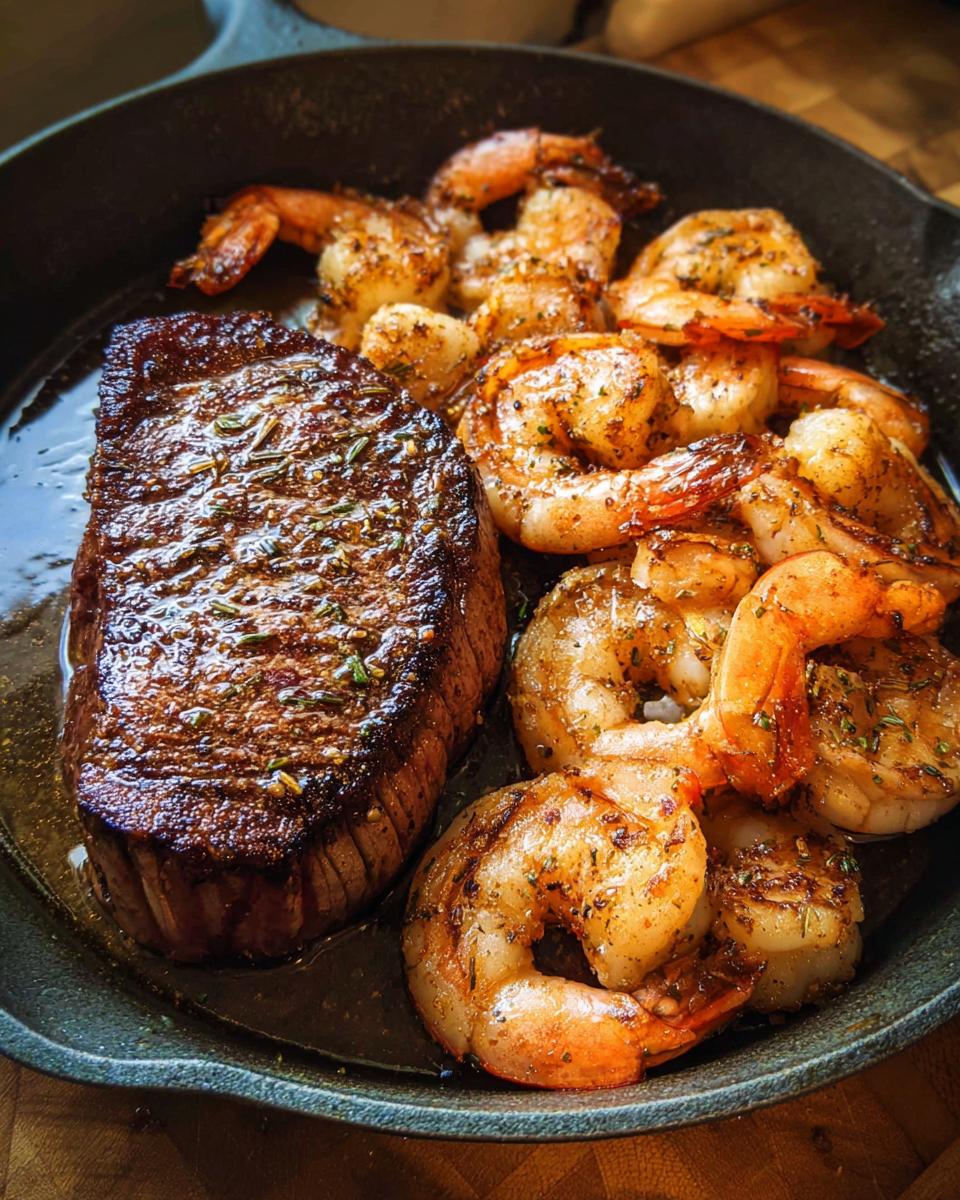 A perfectly seared steak next to seasoned shrimp in a cast iron skillet, showcasing the NYE Surf and Turf meal.
