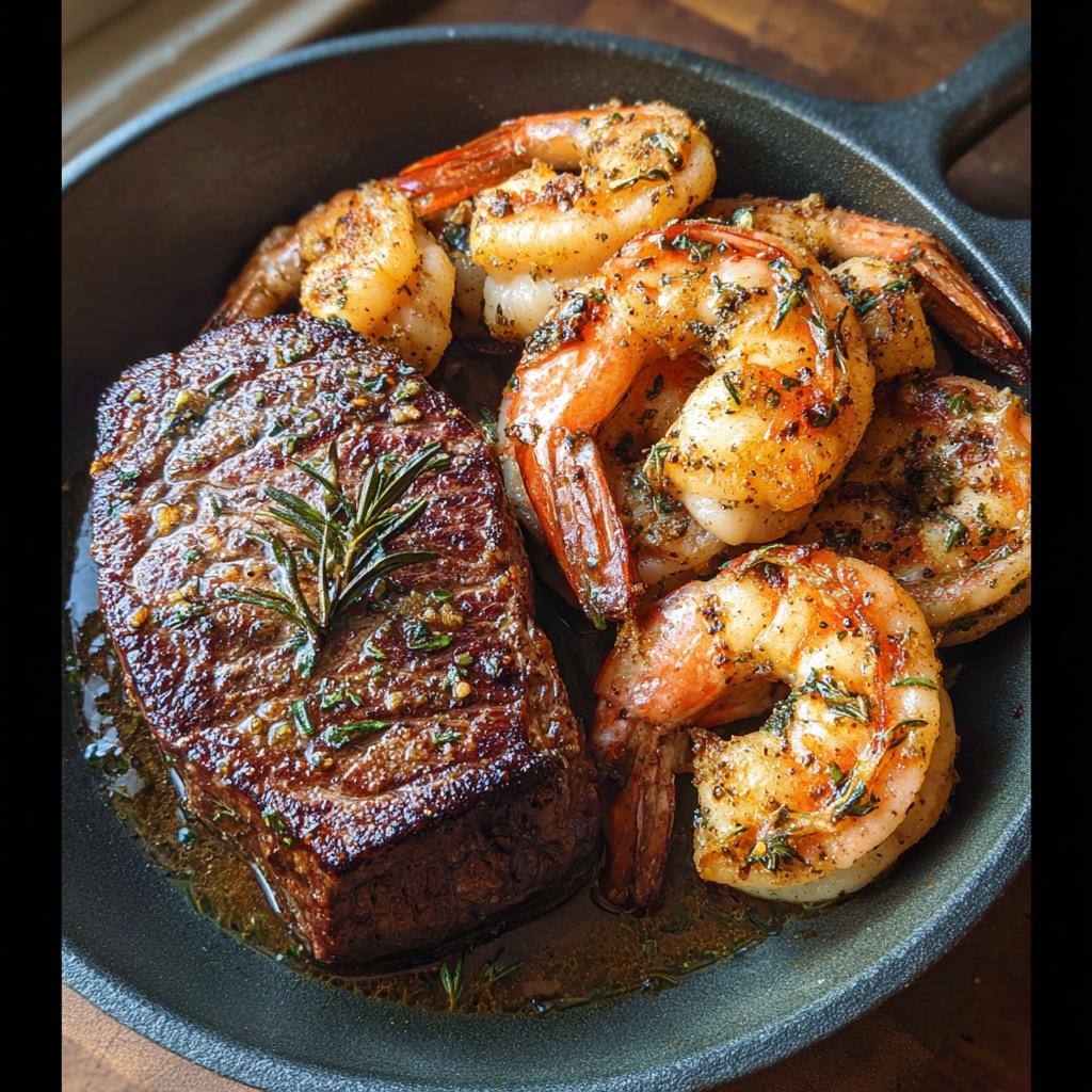 Close-up of a perfectly seared steak and seasoned shrimp served together in a cast-iron skillet for NYE Surf and Turf.