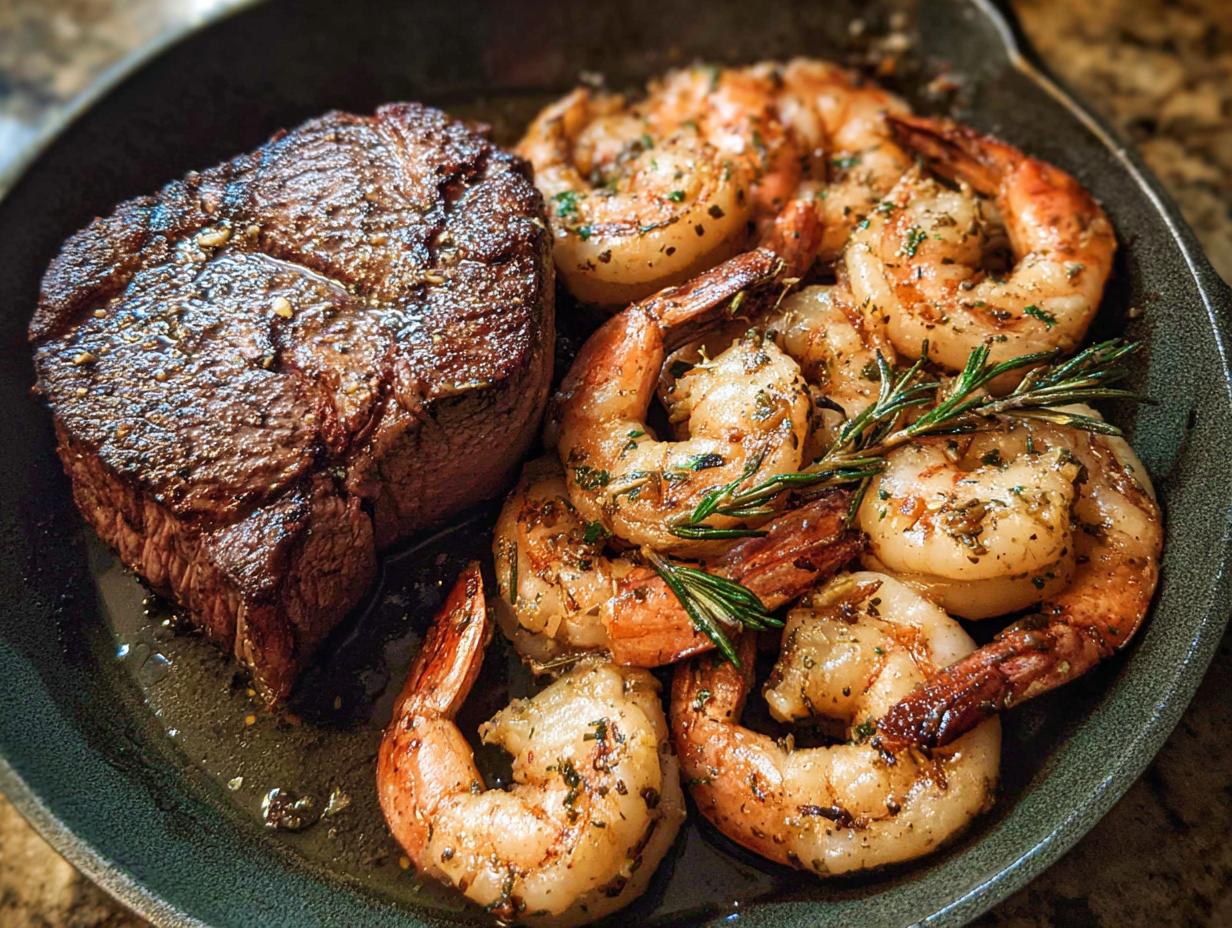 A perfectly seared steak next to seasoned shrimp, representing the NYE Surf and Turf meal.