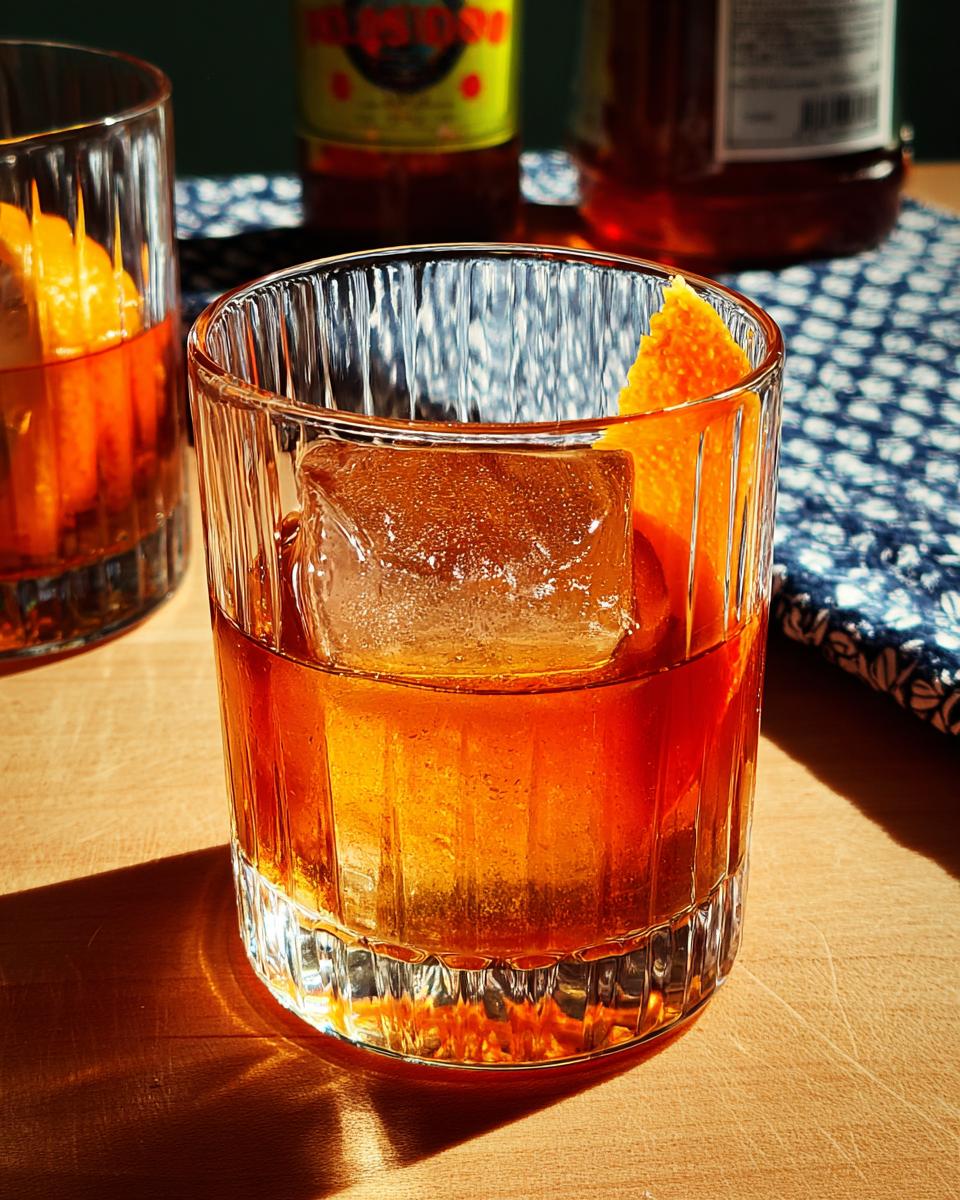 A classic Old Fashioned cocktail with a large ice cube and orange peel, perfect for your Ultimate Thanksgiving Drinks Guide.