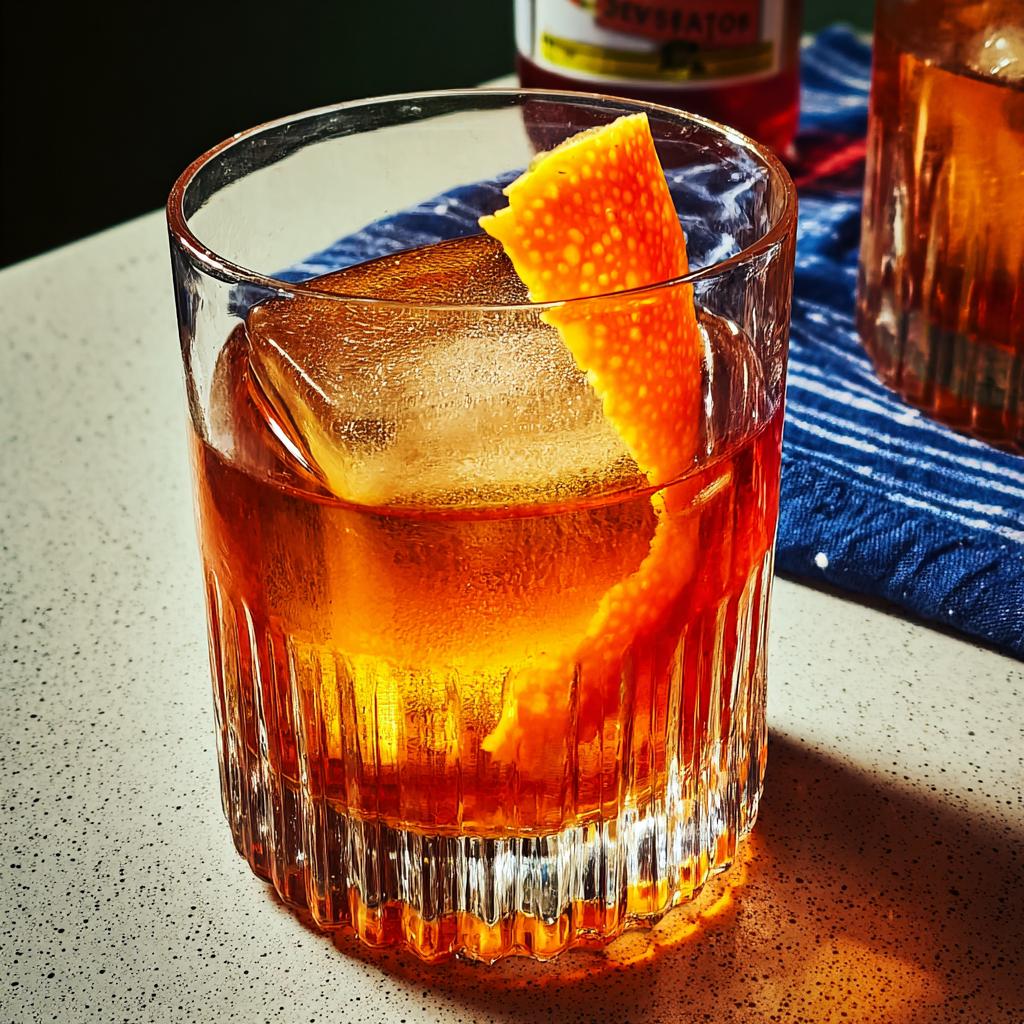 A classic Old Fashioned cocktail with a large ice cube and orange peel, perfect for your Ultimate Thanksgiving Drinks Guide.