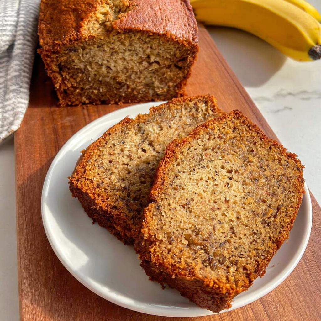 Two slices of moist One Bowl Banana Bread served on a white plate next to the loaf.
