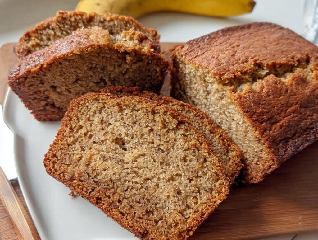 Slices of moist, golden brown One Bowl Banana Bread displayed next to the remaining loaf on a wooden board.