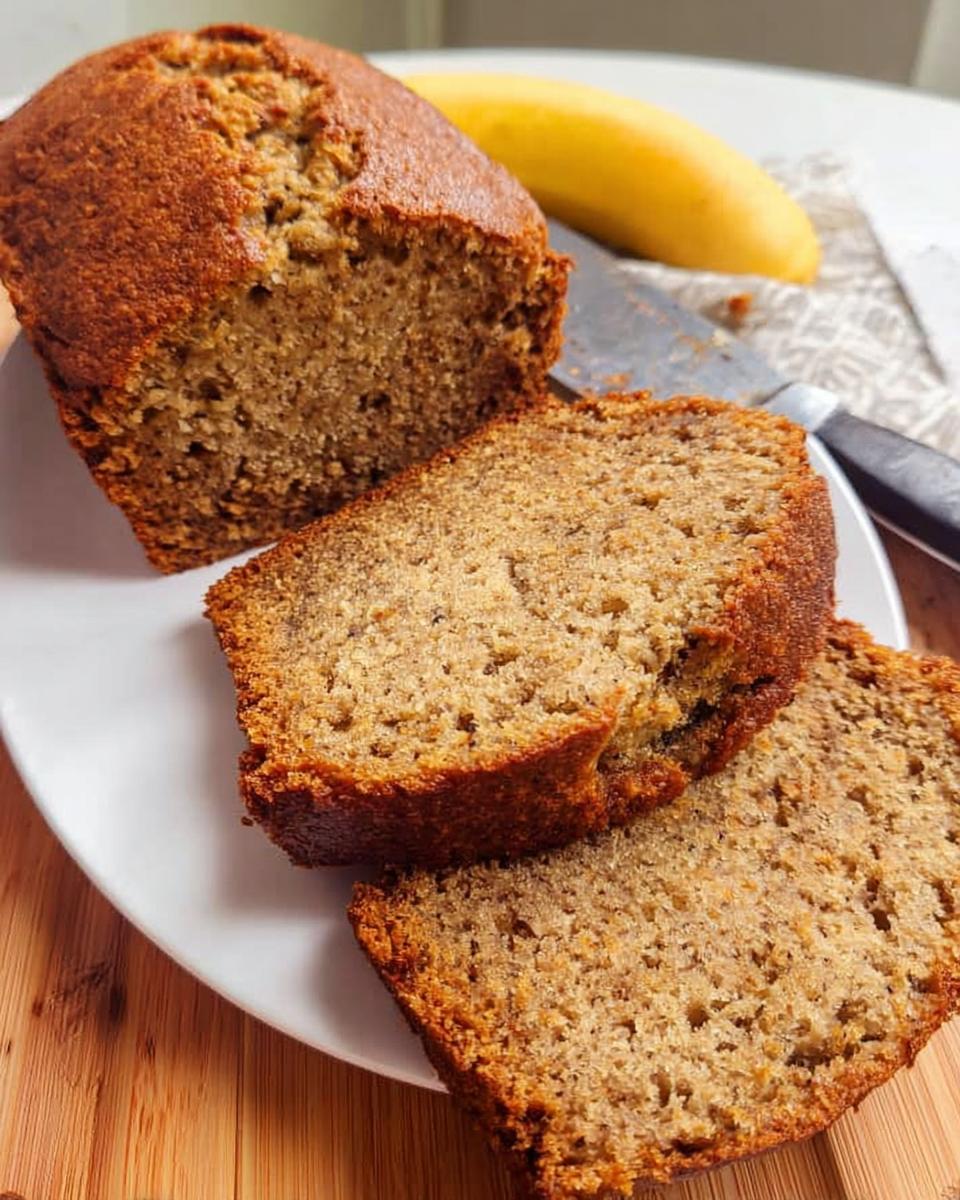 Slices of moist One Bowl Banana Bread displayed on a white plate next to a whole banana.