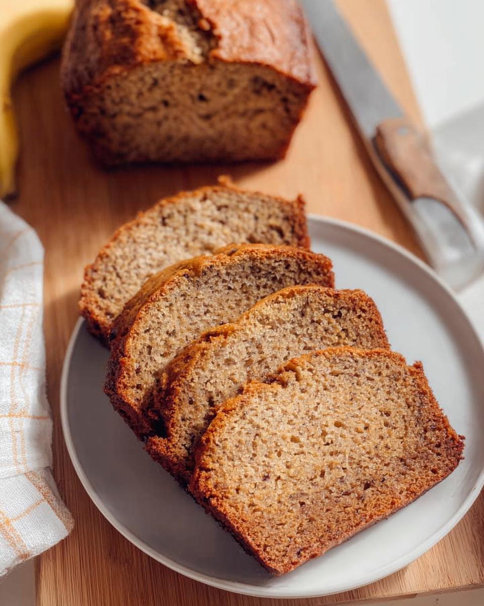 Four thick slices of moist One Bowl Banana Bread arranged on a light gray plate, with the loaf visible behind.