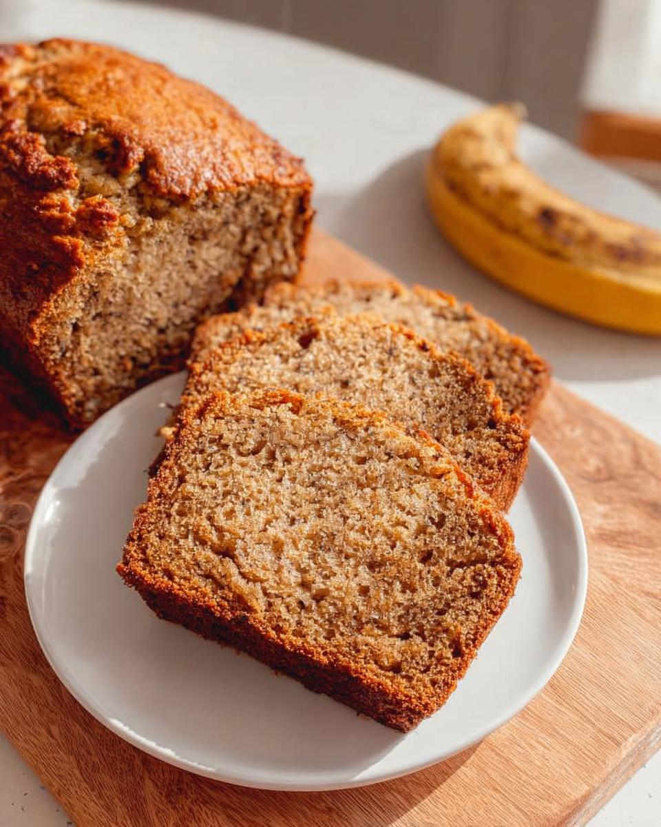 Three slices of moist One Bowl Banana Bread served on a white plate next to the loaf.