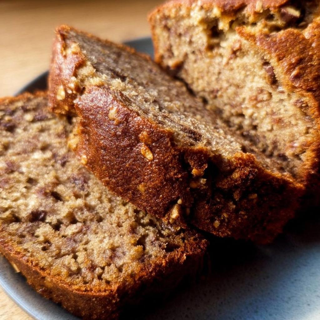 Close-up of two moist slices of one-pan banana bread with visible banana and nut pieces.