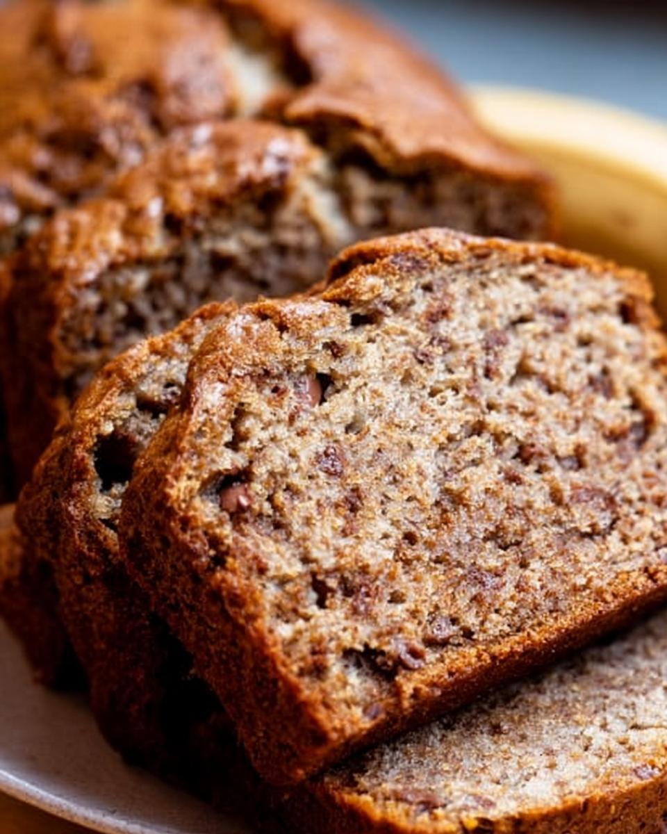 Close-up of moist slices of One-Pan Banana Bread, showing chocolate chips and a golden-brown crust.