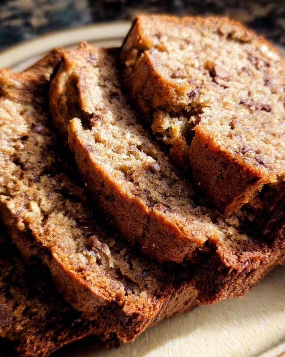Close-up of moist, sliced One-Pan Banana Bread with visible chocolate chips.