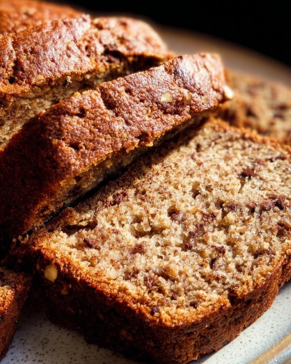 Close-up of moist, sliced One-Pan Banana Bread with visible chocolate chips and nuts.