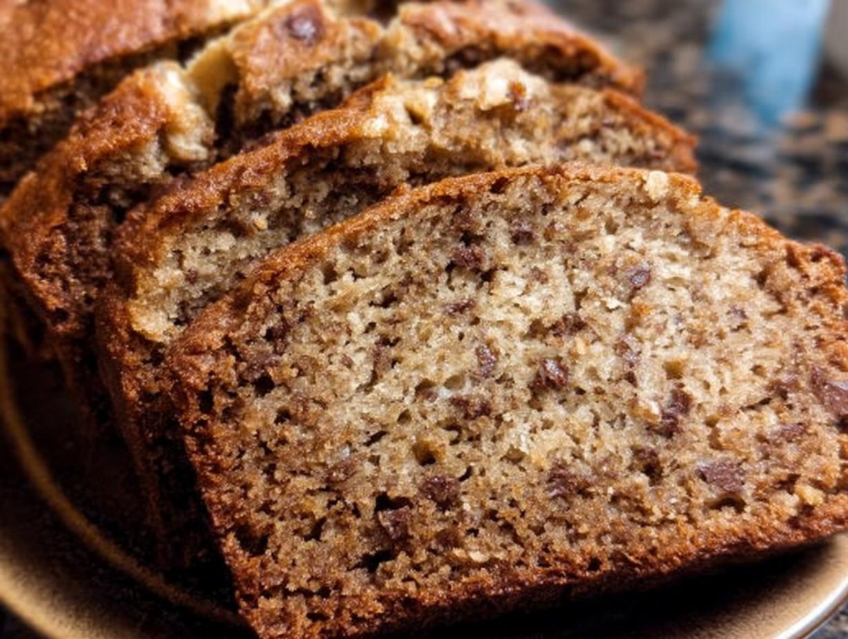 Close-up of sliced One-Pan Banana Bread with visible chocolate chips and a moist crumb.