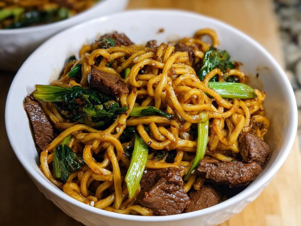 A bowl of delicious one-pan dinner noodles with beef, broccoli, and a savory sauce.