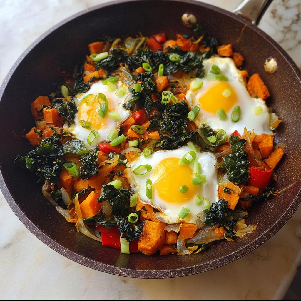 A colorful one-pan breakfast featuring sunny-side-up eggs nestled in a bed of diced sweet potatoes, kale, and red peppers, topped with green onions.