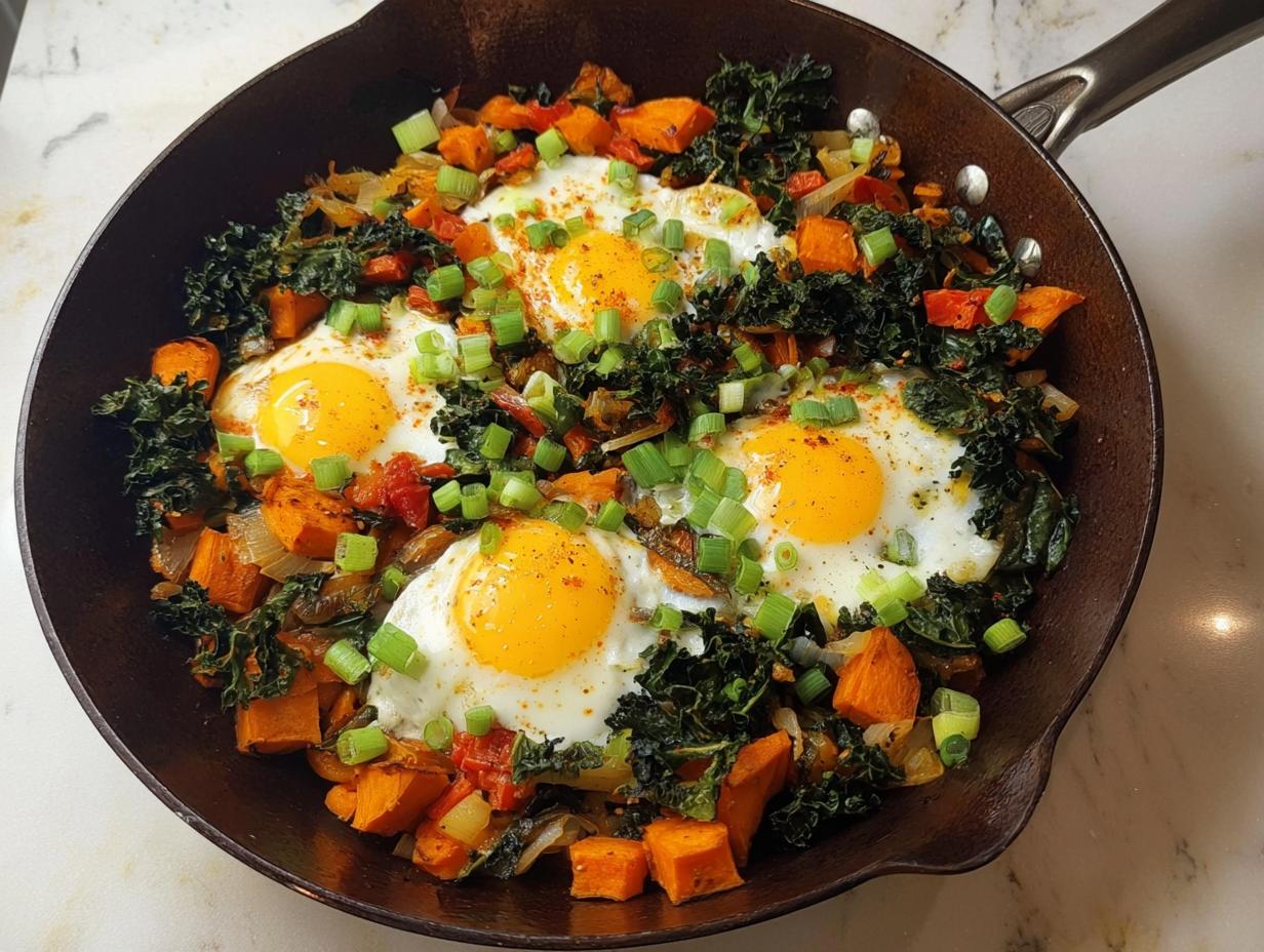 A hearty one-pan breakfast featuring fried eggs nestled in a colorful hash of sweet potatoes, kale, onions, and peppers, sprinkled with chives.