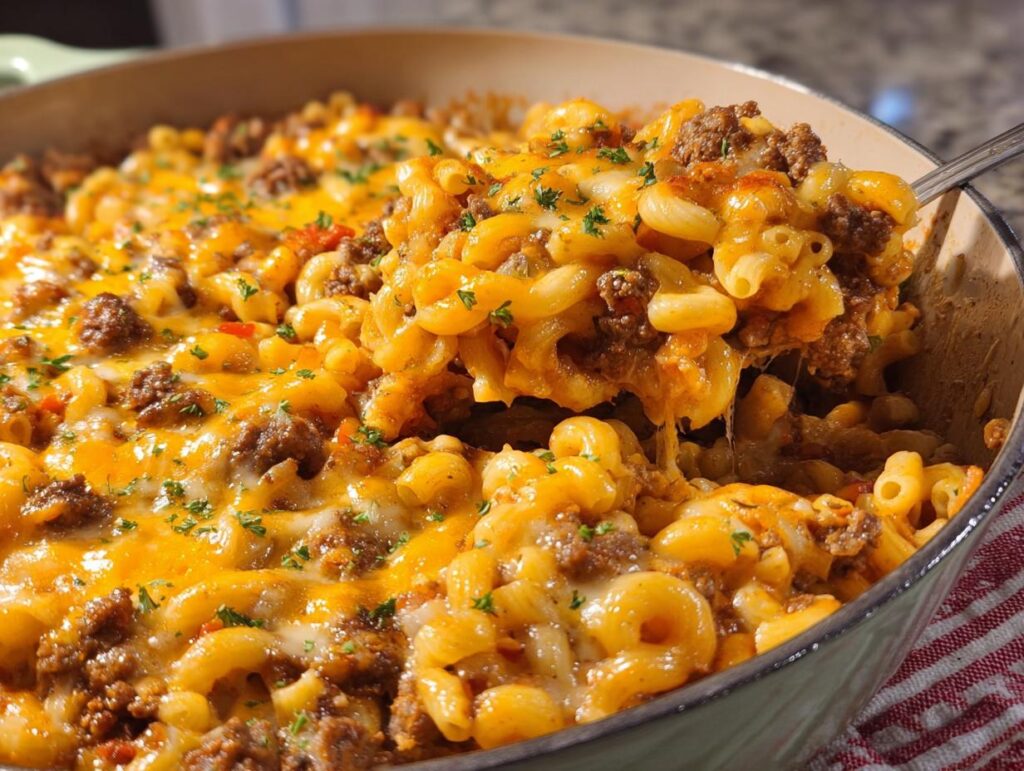 A spoonful of rich, cheesy Cheeseburger Casserole with ground beef and elbow macaroni being lifted from the pan.