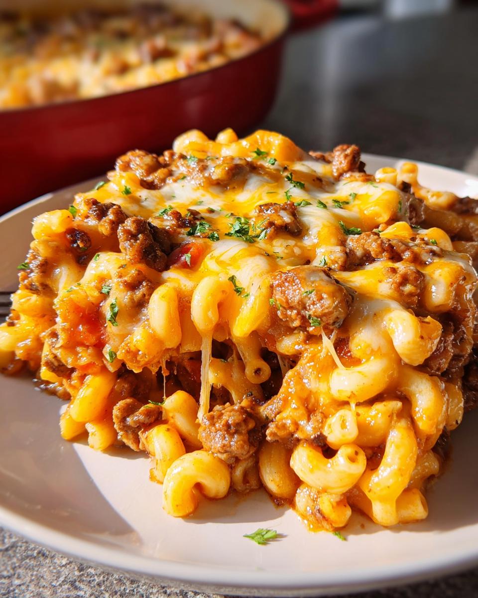 A generous serving of gooey, cheesy One-Pan Cheeseburger Casserole topped with ground beef and parsley.