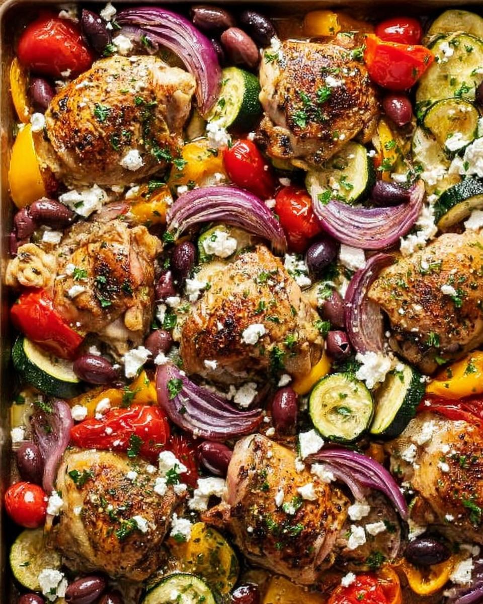 A close-up overhead view of a one-pan chicken dish with roasted chicken thighs, zucchini, red onion, tomatoes, olives, and feta cheese.