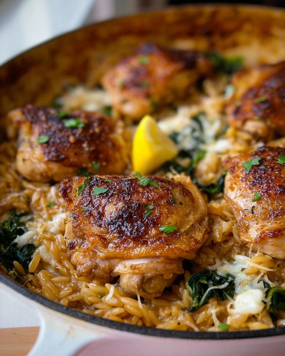 Close-up of a one-pan easy dinner recipe with chicken thighs and orzo pasta, garnished with lemon and herbs.
