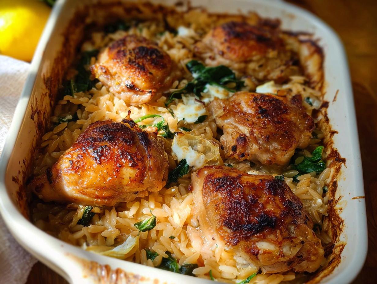 A close-up of a one-pan easy dinner recipe featuring golden-brown chicken thighs baked over orzo pasta and spinach.