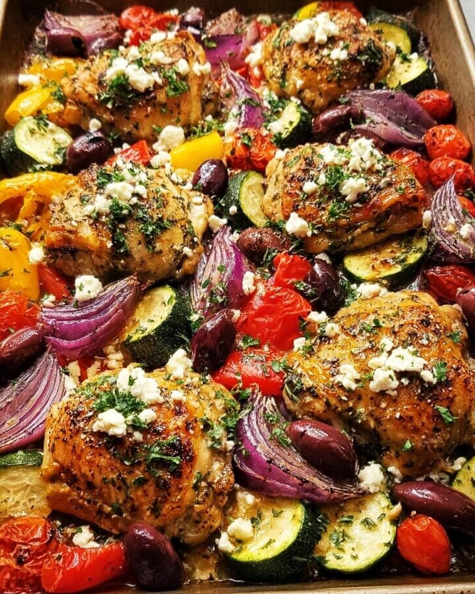 Close-up of a sheet pan filled with golden brown One-Pan Chicken pieces, zucchini, red onion, bell peppers, tomatoes, and olives, topped with feta cheese and herbs.