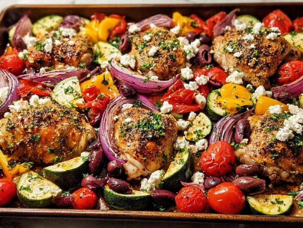 A close-up of a sheet pan filled with golden-brown One-Pan Chicken pieces, colorful roasted vegetables like zucchini, bell peppers, red onion, tomatoes, and olives, topped with feta cheese and herbs.