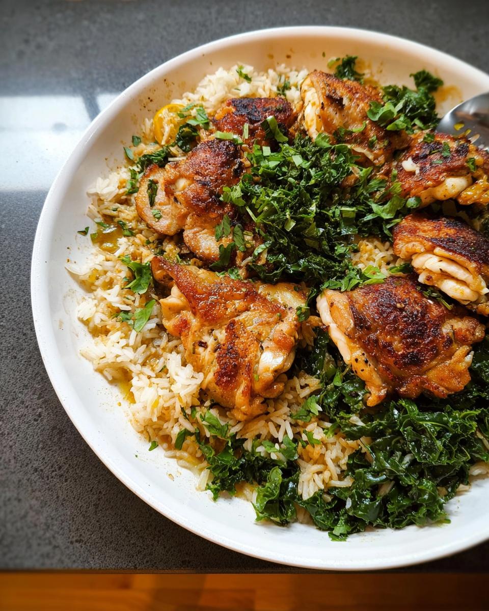 A white bowl filled with fluffy rice, topped with crispy, golden-brown one-pan chicken thighs and fresh chopped parsley.